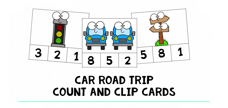 Car Road Trip Count and Clip Cards : FREE 16 Exciting Clip Cards