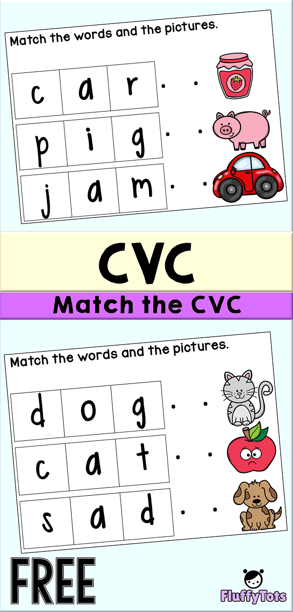 CVC Printables FREE 6 Simple Words FluffyTots