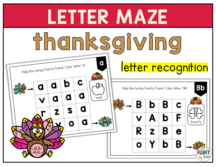 thanksgiving letter maze, thanksgiving letter activities, thanksgiving preschool literacy