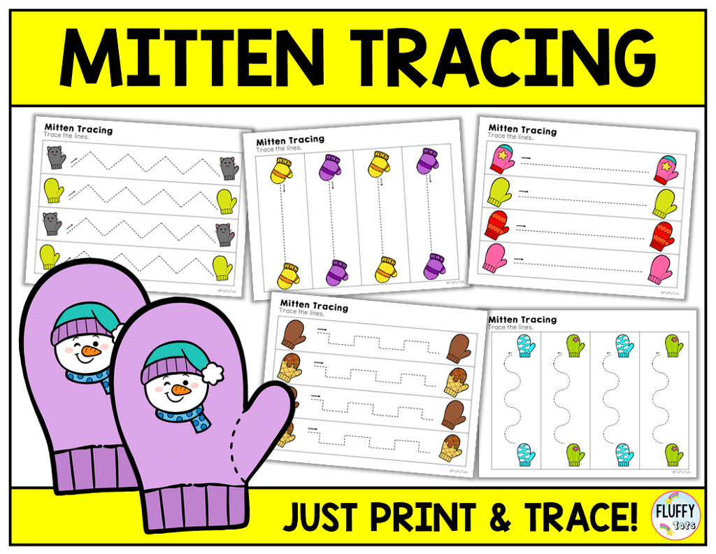 Cute Winter Mitten Tracing Worksheet for Preschool and Toddler 1