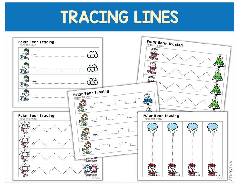 polar bear tracing, winter tracing worksheets, polar bear activities, winter activities