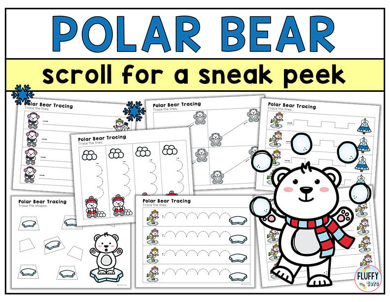 polar bear tracing, winter tracing worksheets, polar bear activities, winter activities