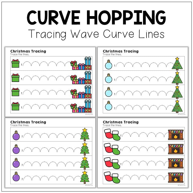 Christmas wave curve lines tracing, Christmas pre-writing tracing preschool