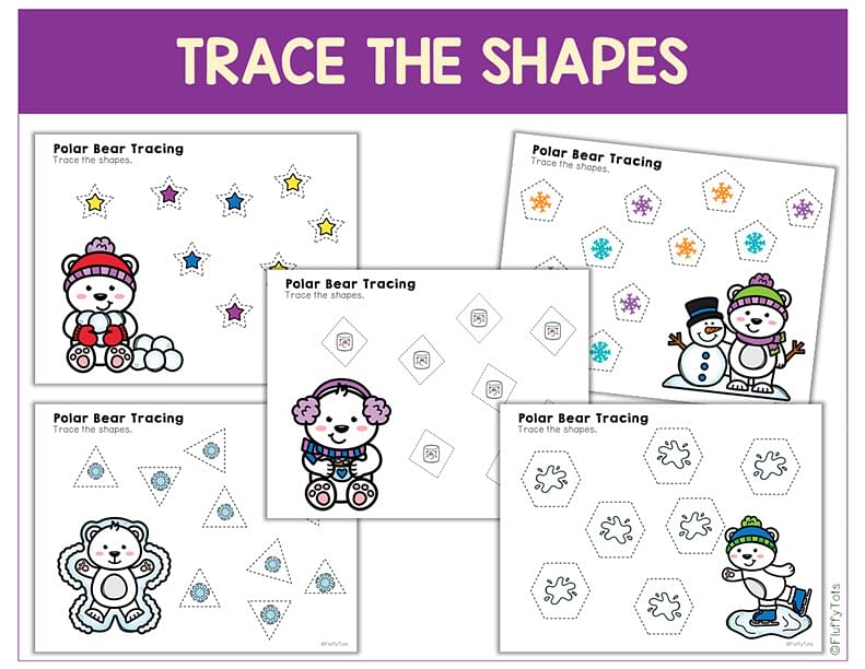 polar bear tracing, winter tracing worksheets, polar bear activities, winter activities