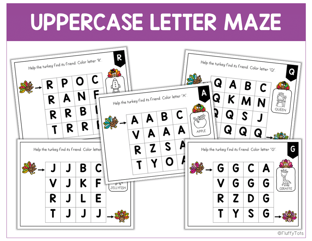 thanksgiving letter maze, thanksgiving letter activities, thanksgiving preschool literacy
