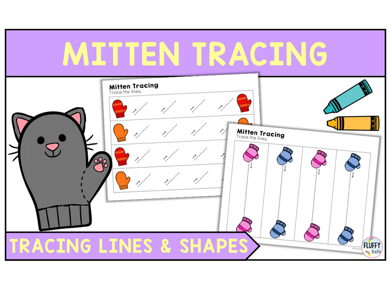 Cute Winter Mitten Tracing Worksheet for Preschool and Toddler