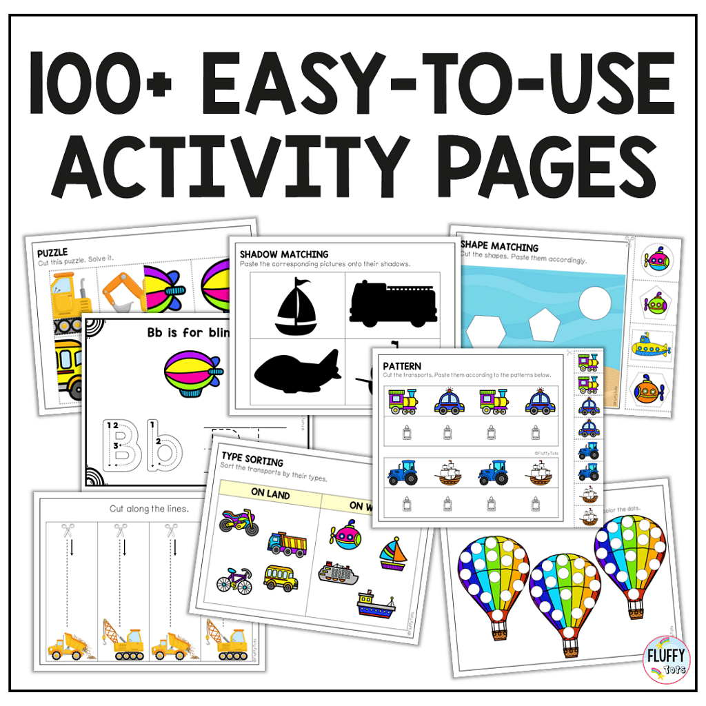 transportation activity pack, transportation printables preschool and toddler