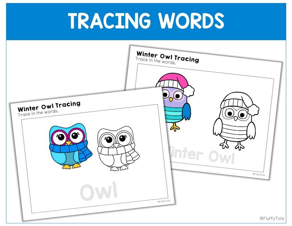 winter owls tracing, winter printables for toddler and preschool