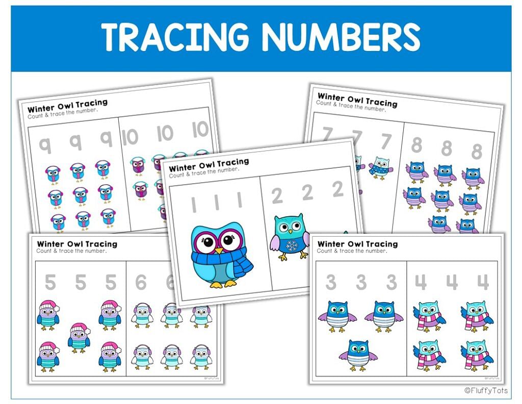 winter owls tracing, winter printables for toddler and preschool