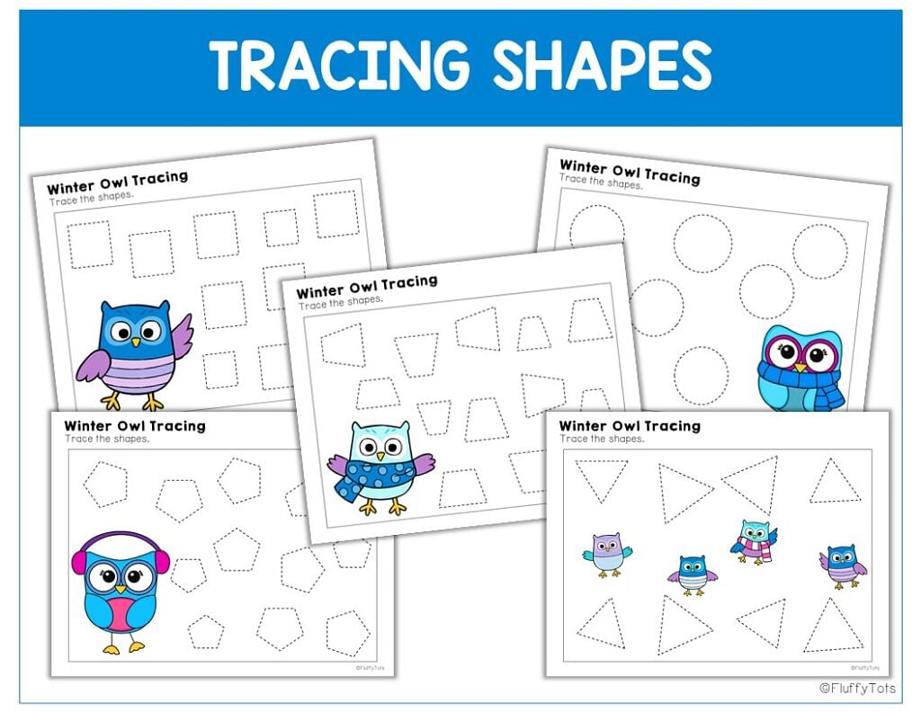 winter owls tracing, winter printables for toddler and preschool