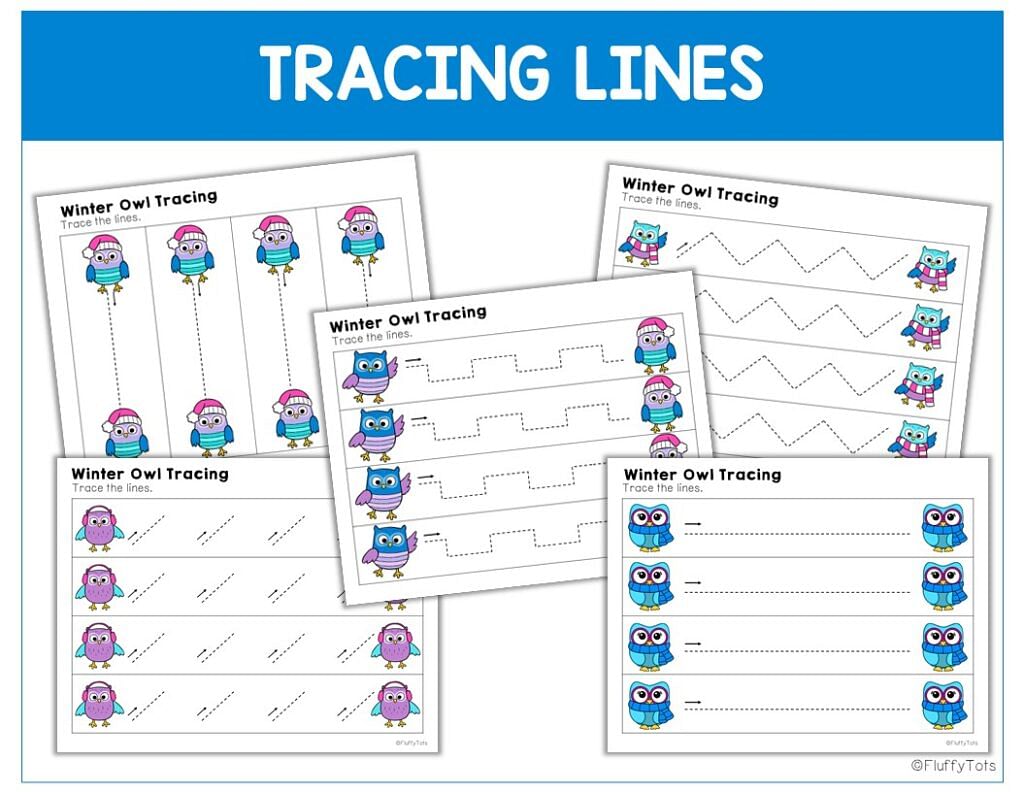 winter owls tracing, winter printables for toddler and preschool