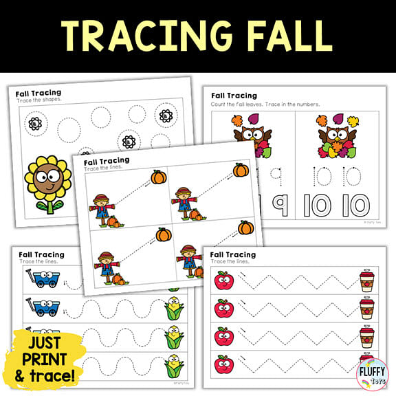 fall tracing printables, fall preschool printables