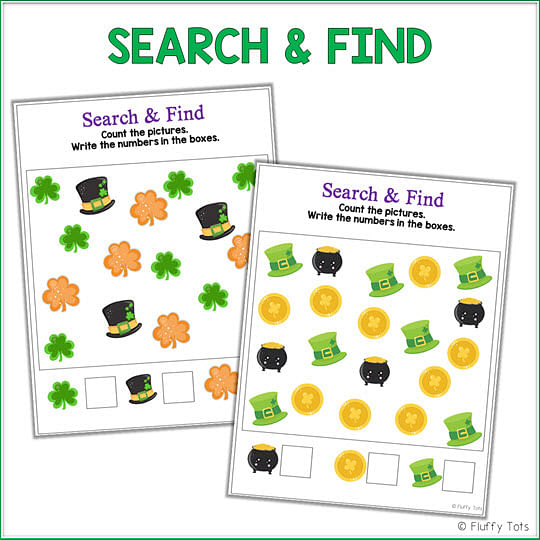 St Patrick's Day counting to 10 math search and find activities