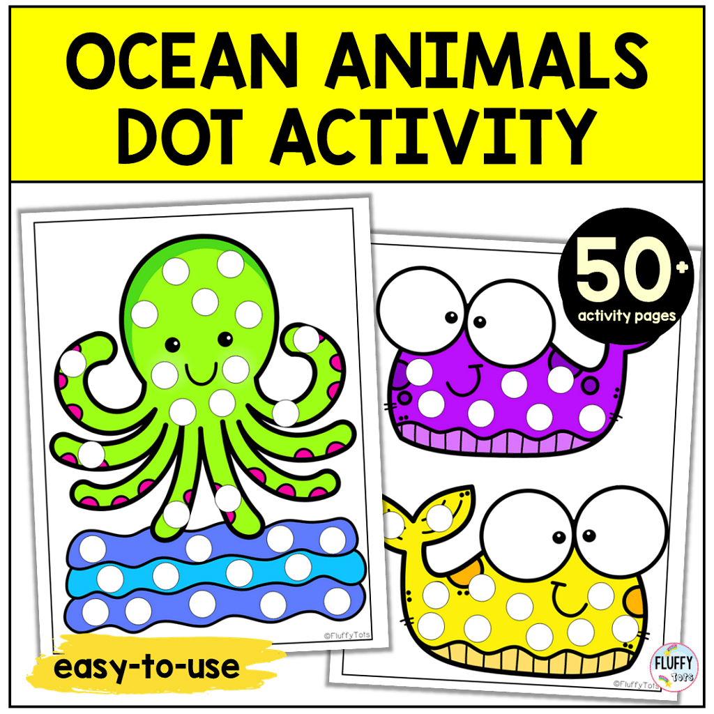 Ocean Animals dot printable pages with octopus, whale and more